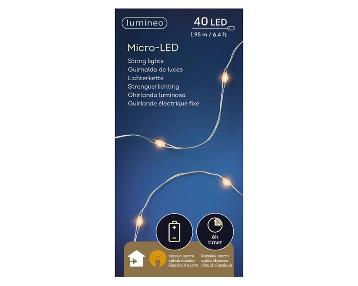 Lumineo micro led streng lichtsnoer zilver klassiek warm 195cm-40l op batterij