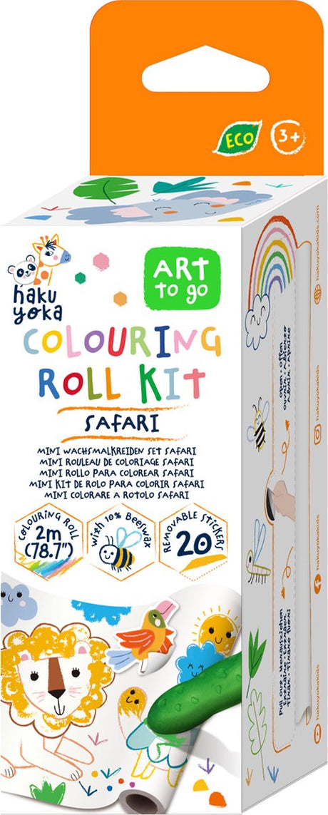 Haku yoka: mini farverullesæt safari 12x200cm, inklusive 4 farveblyanter og klistermærker, afrivning, i bivoks (10%), i æske 6,2x6,2x19,6cm, 3+