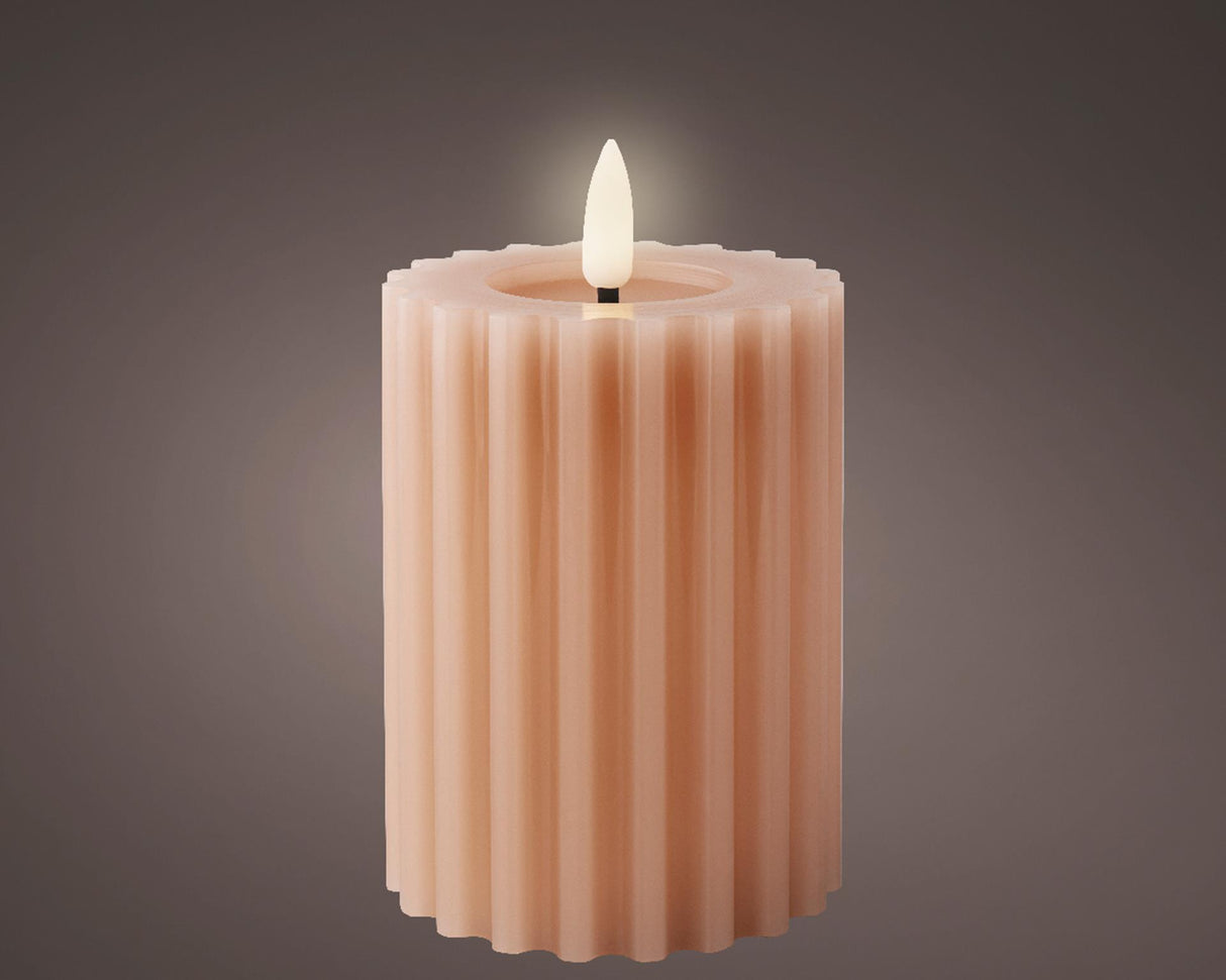 Lumineo LED lys voks ribbet lys pink h12,3 cm dia 7,5 cm med 6 timers timer - fungerer på batterier 2x AAA (medfølger ikke)