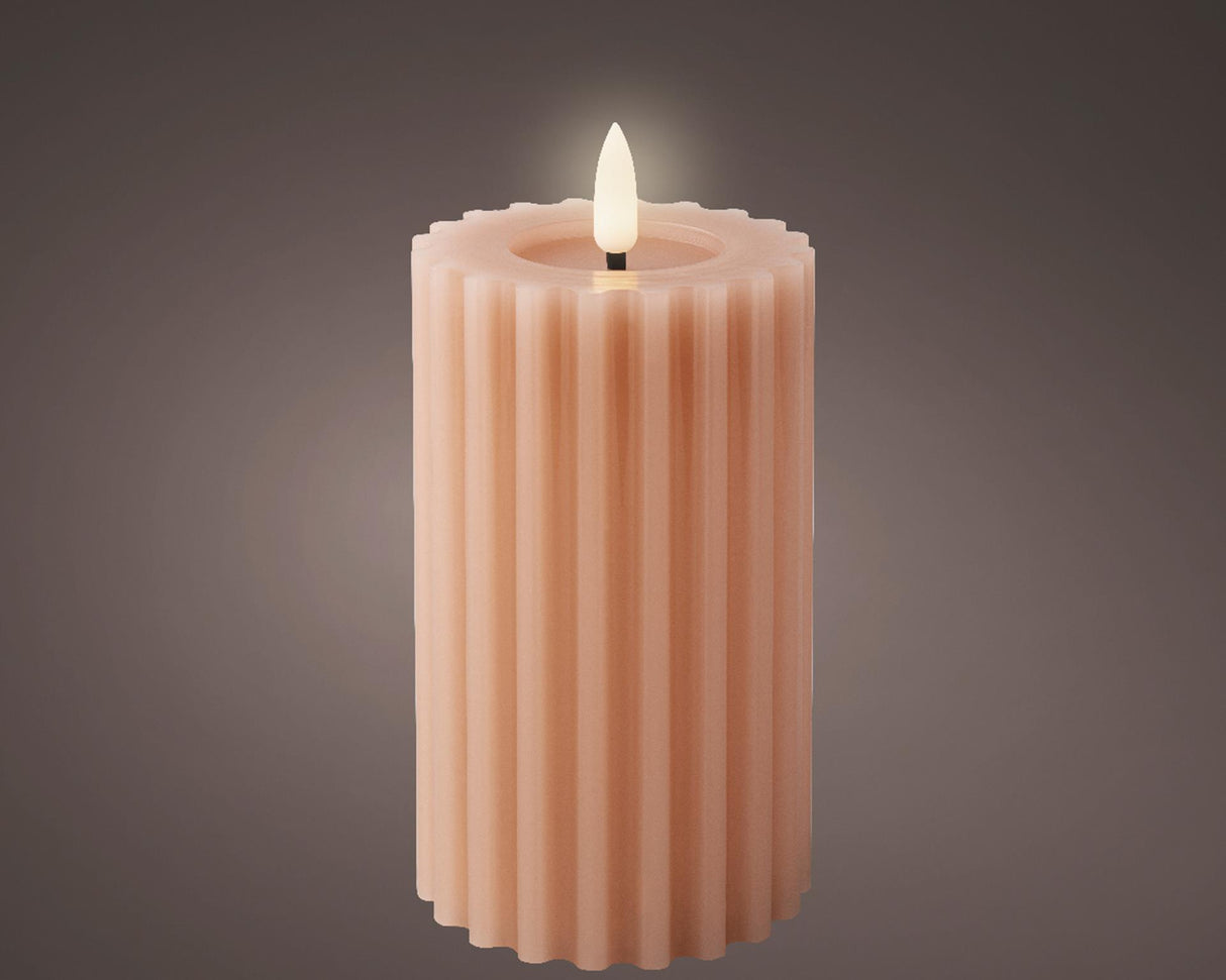 Lumineo LED lys voks ribbet lys pink h14,8 cm dia 7,5 cm med 6 timers timer - fungerer på batterier 2x AAA (medfølger ikke)