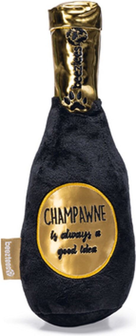 Beeztees champagnefles - hondenspeelgoed - pluche - zwart goud - 30x9x9 cm