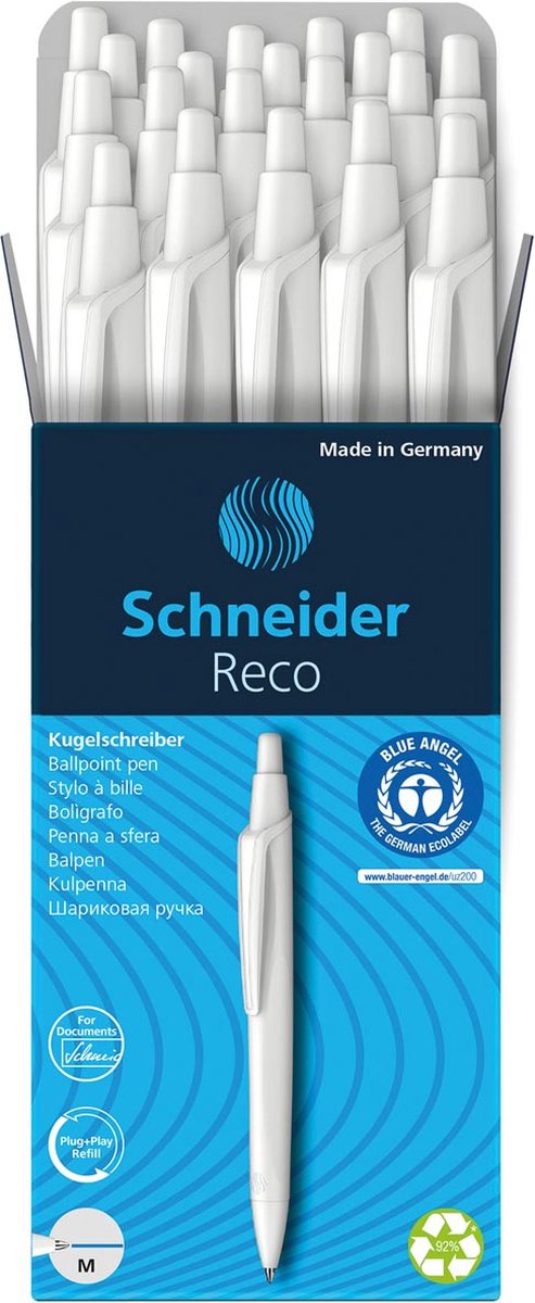 Schneider skriveredskaber schneider kuglepen - reco - hvid - 20 stk - s-131850-20