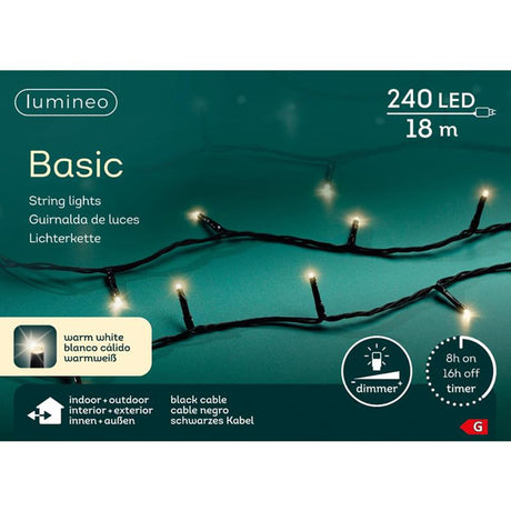 Lumineo LED string belysning indendørs og udendørs 18m 240 lys varm hvid. med 8 timers timer og dæmpningsfunktion