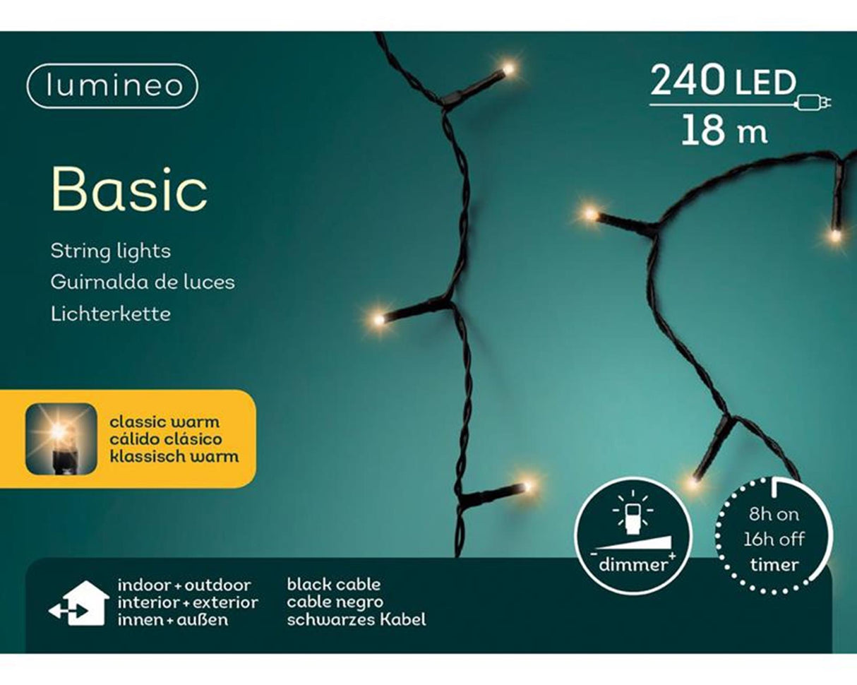 Lumineo LED belysning 18m 240 lys klassisk varm. med 8-timers timer og dæmpningsfunktion til indendørs og udendørs