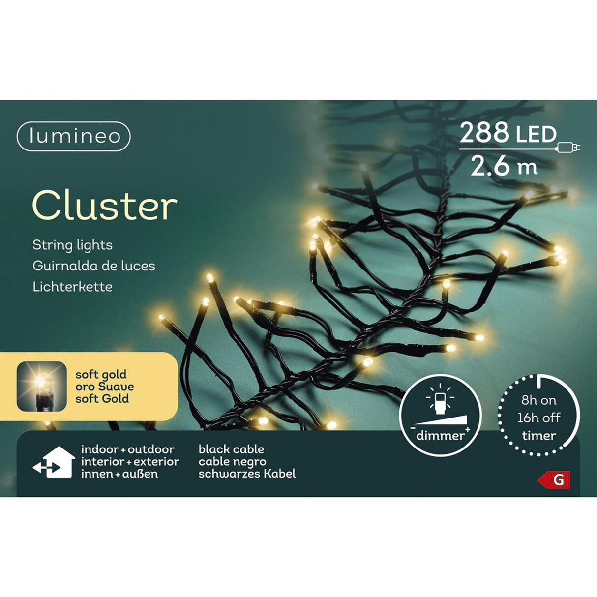 Lumineo klynge julelys 288LED 2,6m blødt guld indendørs + udendørs