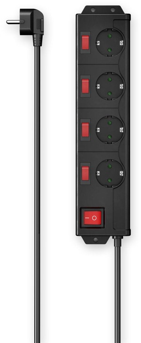 Hama strømskinne - 4-vejs - 1,4 m kabel - 90° - separat omskiftelig - sort
