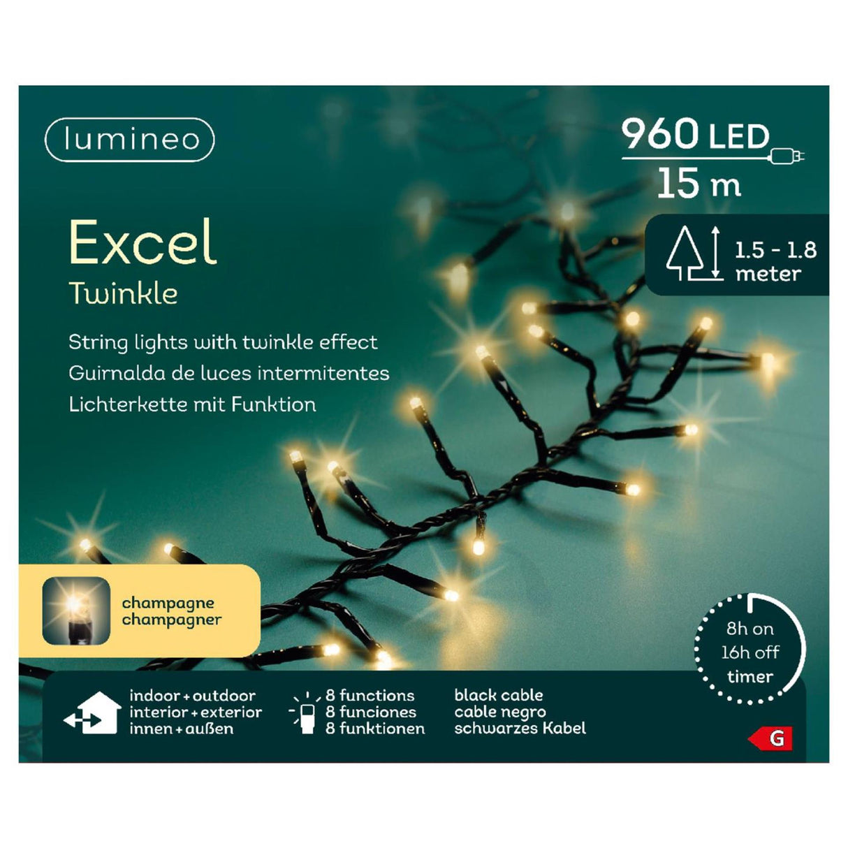 Lumineo julelys excel twinkle 15 meter 960 lamper champagne til indendørs og udendørs