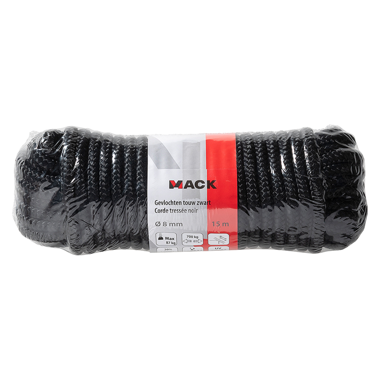 Mack 1072118 - pp flettet sort tråd 8mm 15m | 5 stk