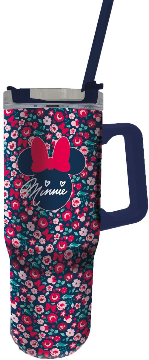 Stor minnie mouse xxl rustfrit stål vandrekrus – isoleret drikkekop 1l – med hank og sugerør – dobbeltvægget – lækagesikker – disney