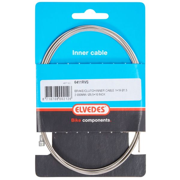 Elvedes bremse inderkabel 2.000 mm 1×19 gevind rustfrit stål ø1,5 mm med V-nippel ø5,5 × 10
