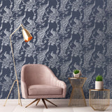 Hollandske Wallcoverings Dutch Wallcoverings Tapet Peacock Marine Blå og sølvfarvet