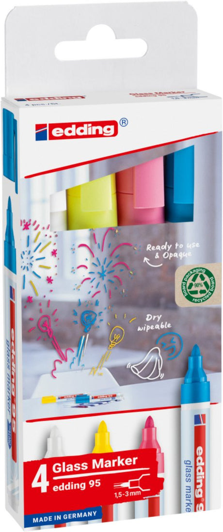 Edding 95 glastuschsæt med 4 farver - hvid, gul, pink, lyseblå - rund spids 1,5-3 mm - også velegnet til whiteboards - kan tørres af