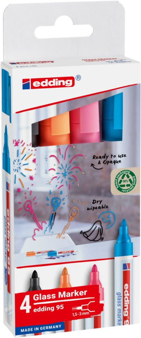 Edding 95 glastuschsæt med 4 farver - sort, lyseblå, pink, orange - rund spids 1,5-3 mm - også velegnet til whiteboards - kan tørres af