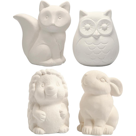 Creativ firma dyrepengekasse, ugle, ræv, pindsvin, hare, h: 9-10 cm, hvid, 4 stk. 1 æske
