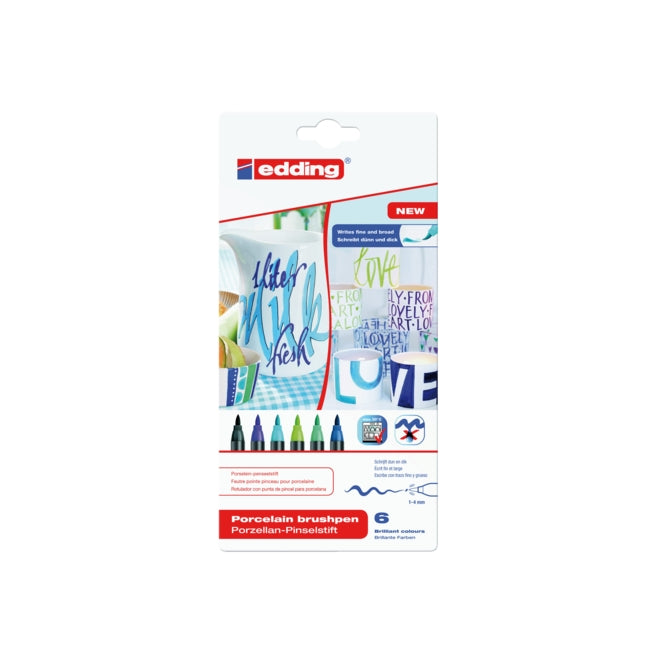 Edding 4200 porcelænstuscher - cool farvesæt - 6 markører - fleksibel børstespids 1-4mm - tusch til maling og dekoration af keramisk porcelæn - tåler opvaskemaskine, lysægte blæk, hurtigtørrende