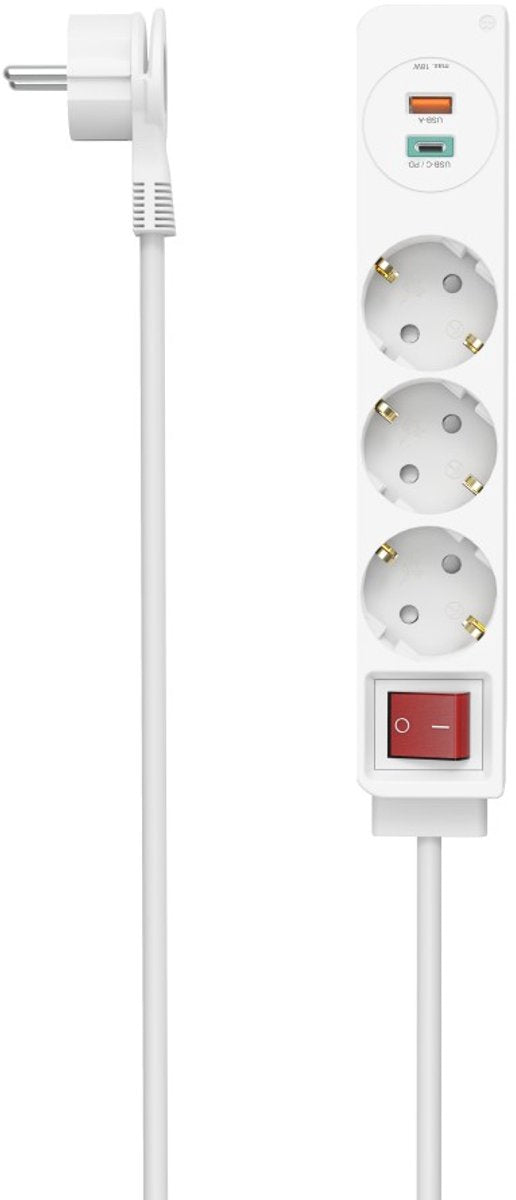 Hama 3-vejs strømskinne med kontakt - 1x USB-A, 1x USB-C - 1,4 m. - hvid