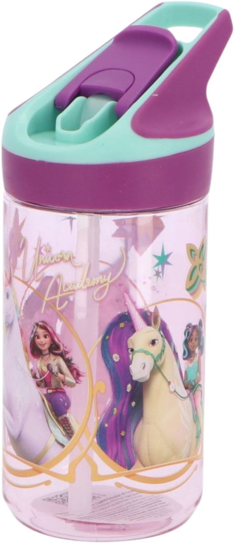 Stor unicorn academy tritan premium drikkeflaske - 480 ml - lukker godt - drikkedunk til børn - lilla turkis