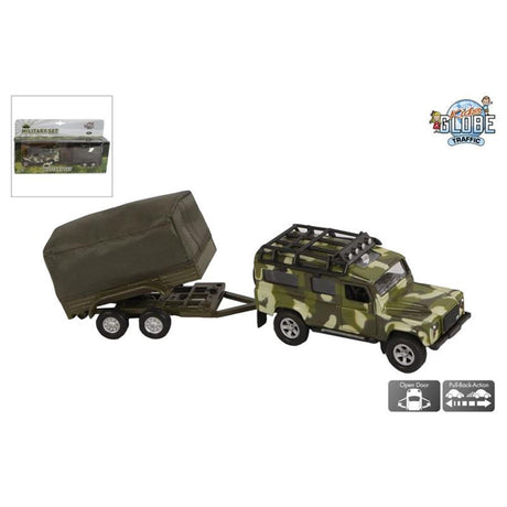 Kids globe land rover med trailer militær trykstøbt pb 27cm