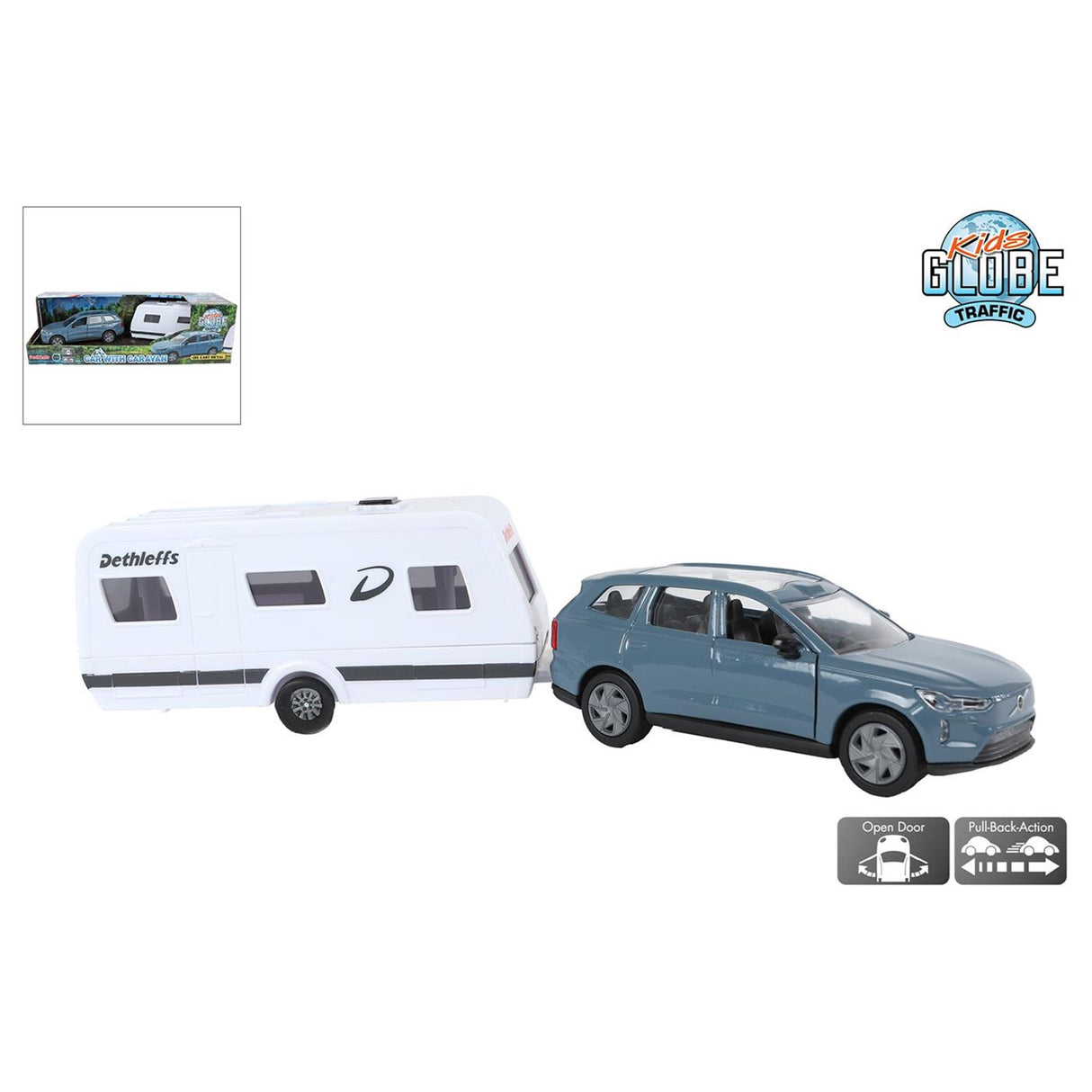 Kids globe volvo ex90 med dethleffs caravan trykstøbt tilbagetræk 30 cm
