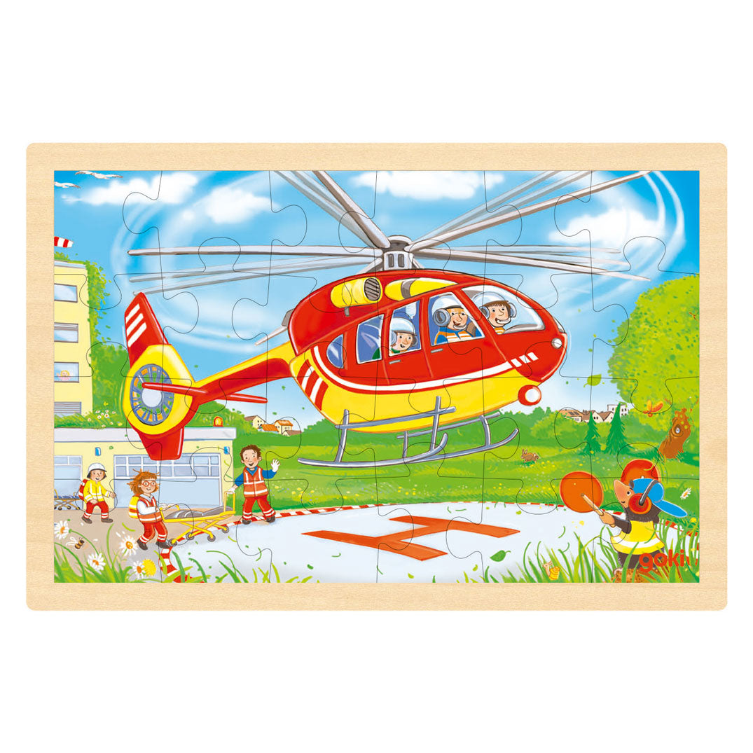 Goki træ puslespil - helikopter og brandbil - 24 stk.