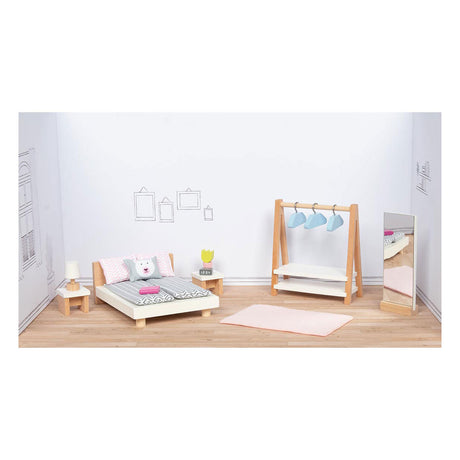 Goki dukkehusmøbler: designerværelse, 18-delt, seng 12,7 cm, bøgetræ og stof, 3+