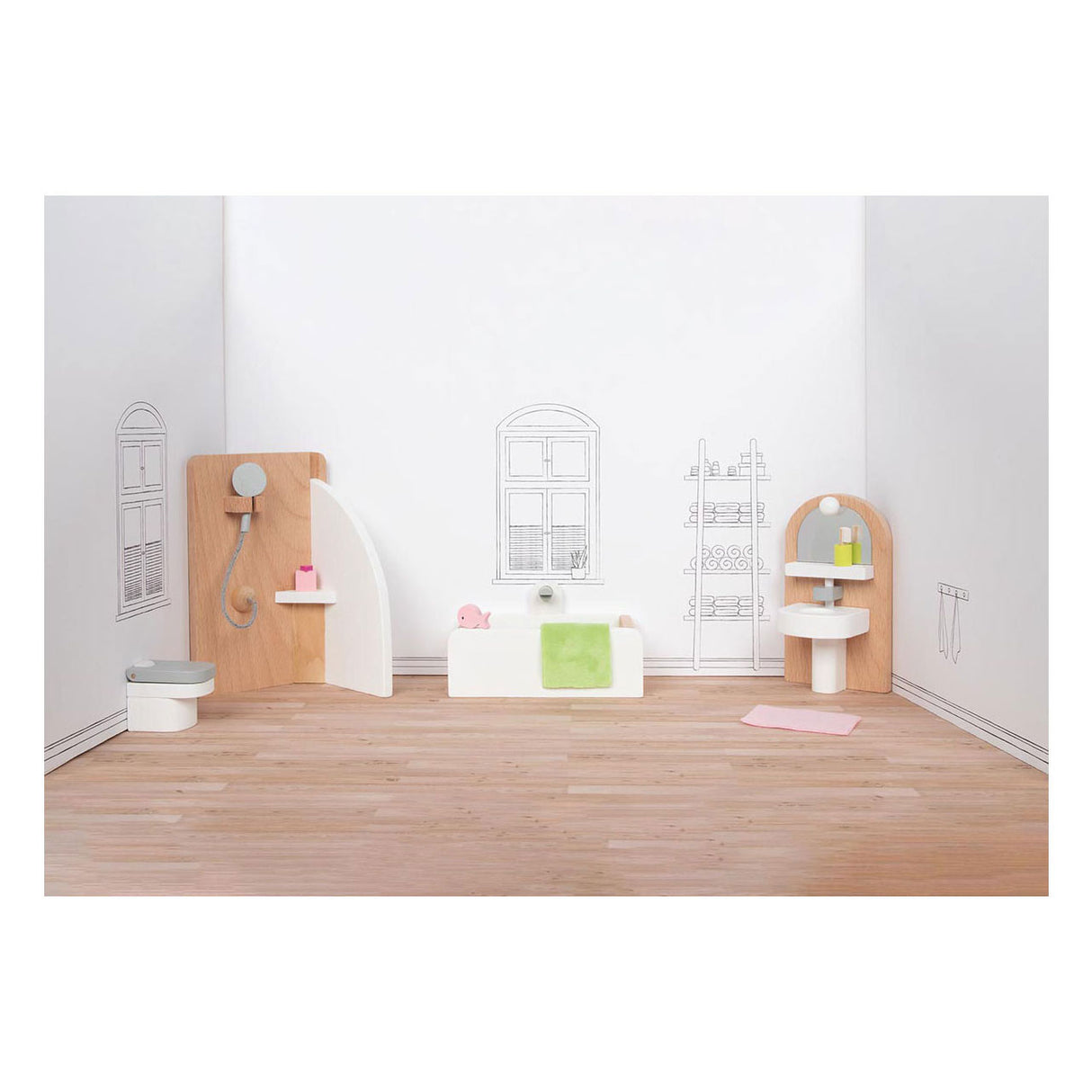 Goki dukkehusmøbler: designerbadeværelse, 10-delt, 11,2x6,2x6cm (bad), bøgetræ og stof, 3+