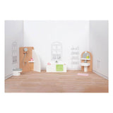 Goki dukkehusmøbler: designerbadeværelse, 10-delt, 11,2x6,2x6cm (bad), bøgetræ og stof, 3+