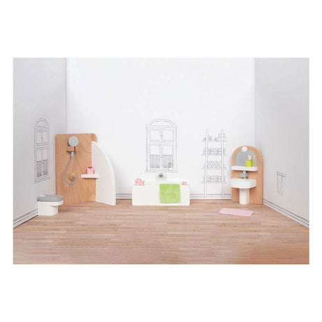Goki dukkehusmøbler: designerbadeværelse, 10-delt, 11,2x6,2x6cm (bad), bøgetræ og stof, 3+