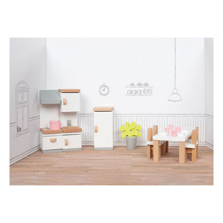 Goki dukkehusmøbler: designerkøkken, 20-delt, 10x6,5x5cm (bord), bøgetræ og stof, 3+
