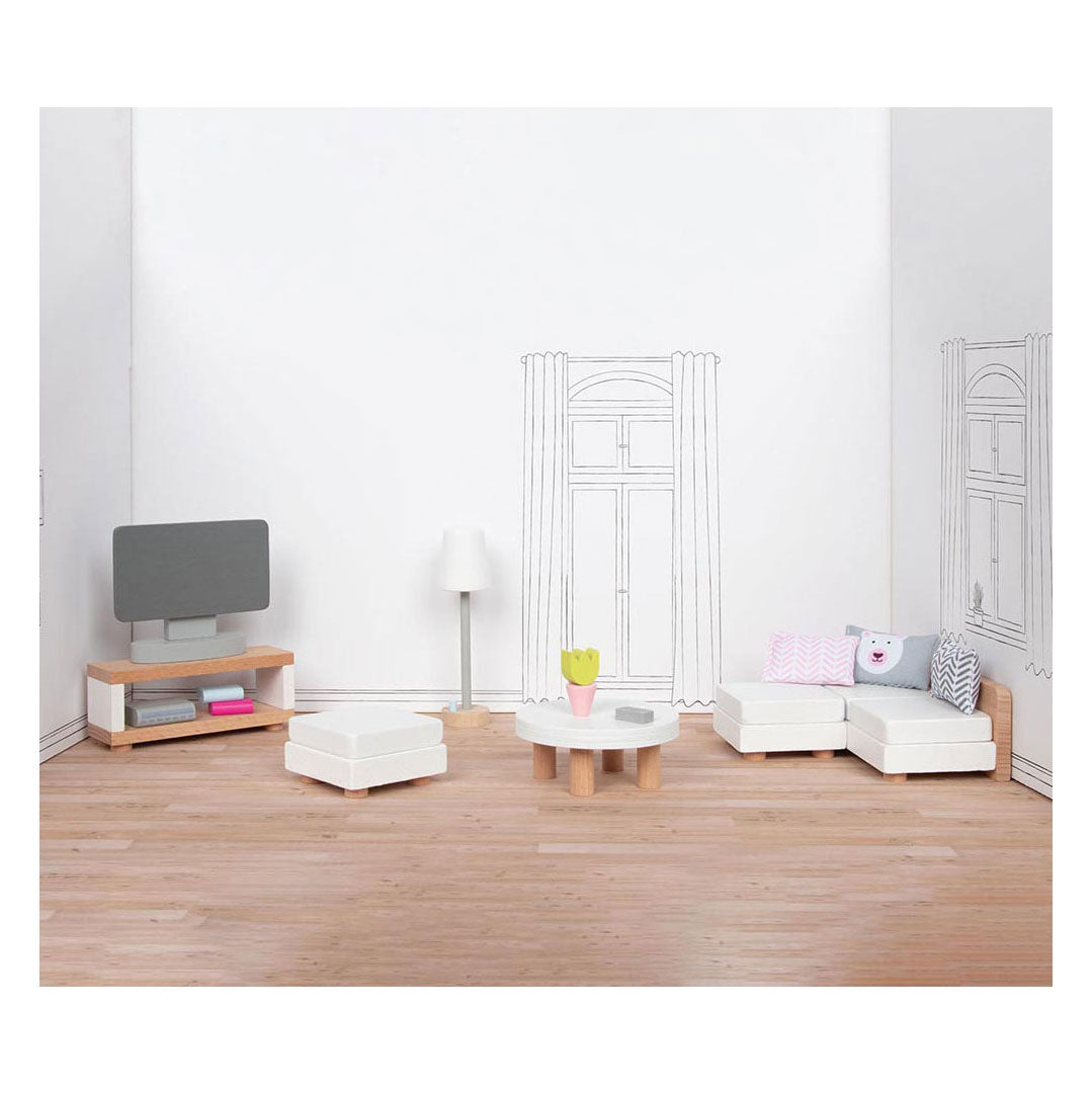Goki dukkehusmøbler: design stue, 15-delt, 9,5x3x4cm (tv-skab), bøgetræ og stof, 3+