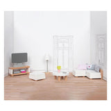 Goki dukkehusmøbler: design stue, 15-delt, 9,5x3x4cm (tv-skab), bøgetræ og stof, 3+