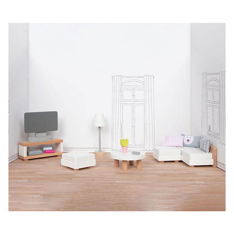 Goki dukkehusmøbler: design stue, 15-delt, 9,5x3x4cm (tv-skab), bøgetræ og stof, 3+