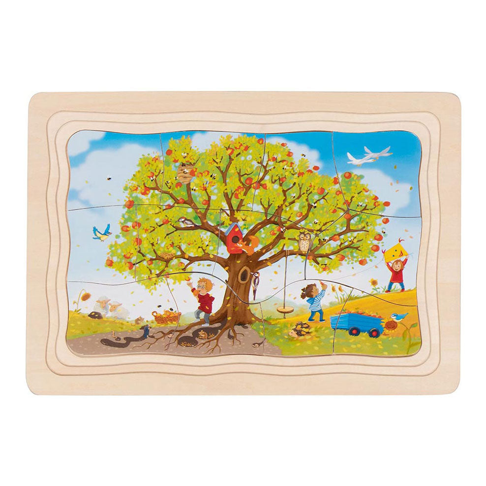 Goki-puslespil - æbletræets årstider - 47 brikker - 4 lag - 28,5x20x1,5cm - træ - 3+