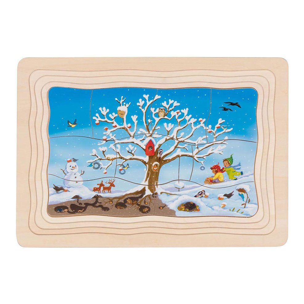 Goki-puslespil - æbletræets årstider - 47 brikker - 4 lag - 28,5x20x1,5cm - træ - 3+