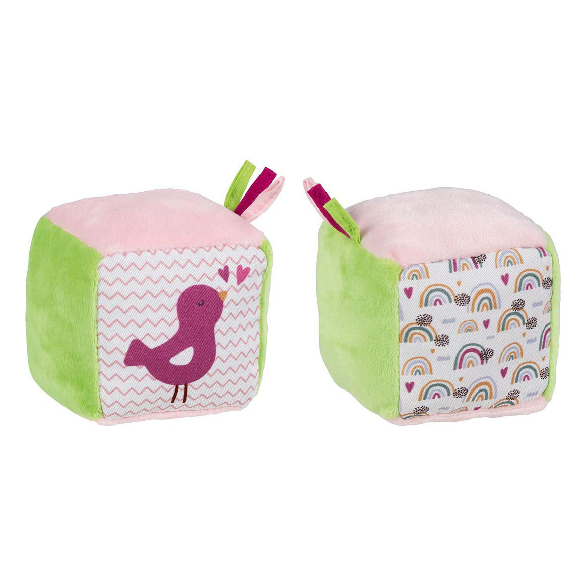Goki soft cube babylegetøj med krøllet folie og klokkefugl.