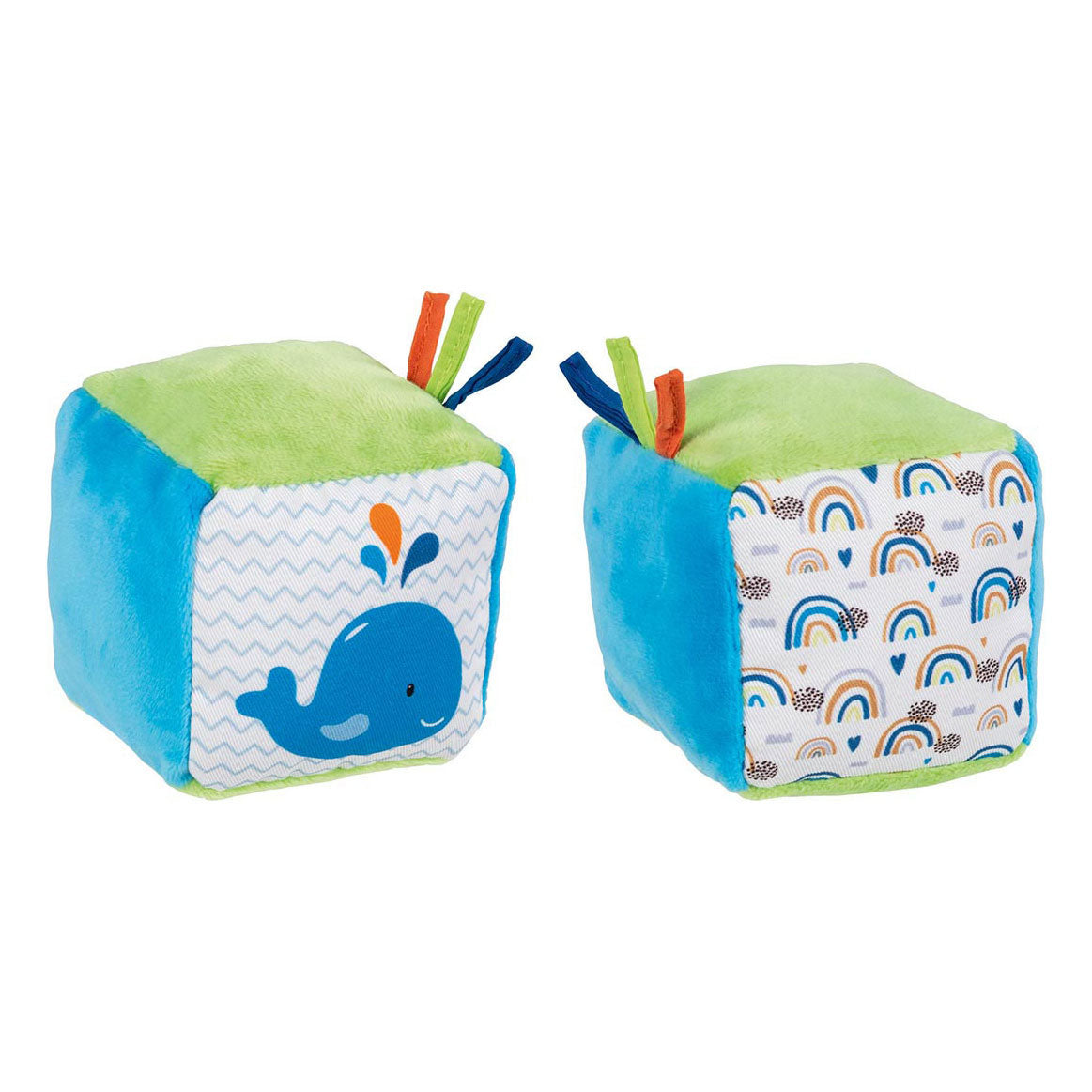 Goki soft cube babylegetøj med hval og krinkle folie.