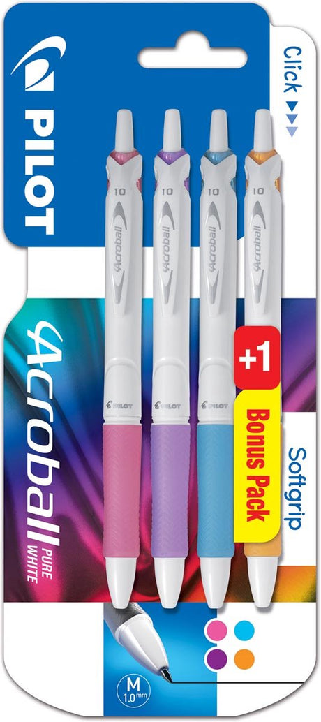Pilot kuglepen acroball ren hvid | blister af 3 + 1 gratis | i muntre farver