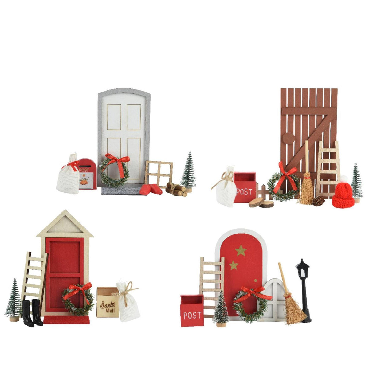 Decoris julelandsby tilbehør sæt træ 15x6x24cm 4 assorteret