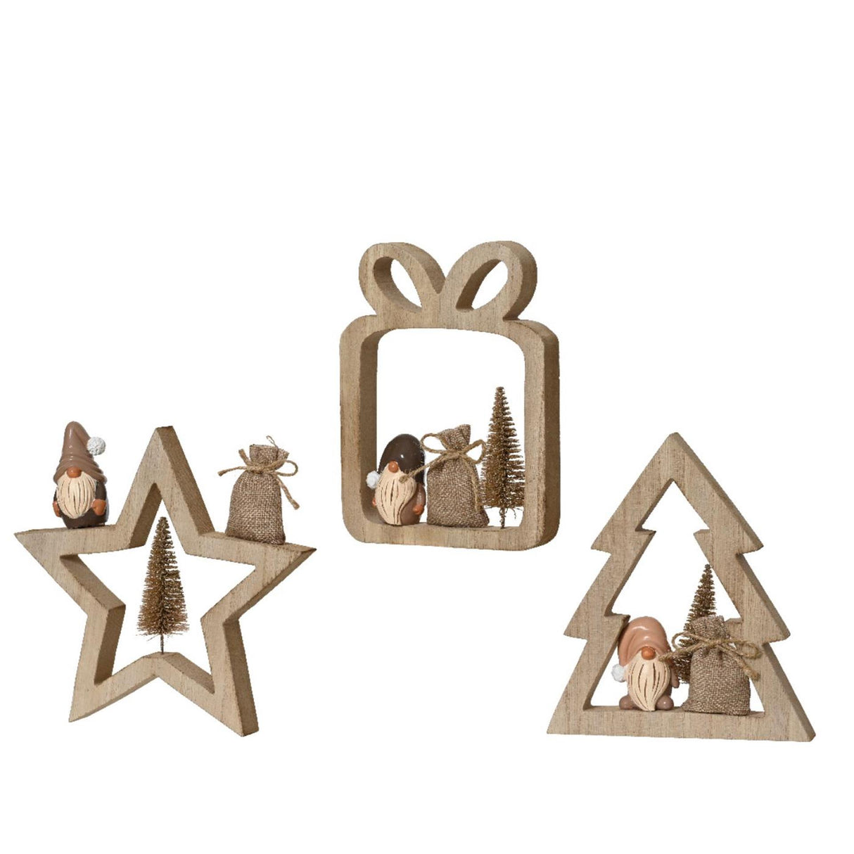 Decoris juledekoration træ med nisse 2x14,5x16,5cm 3 assorteret gave stjernetræ