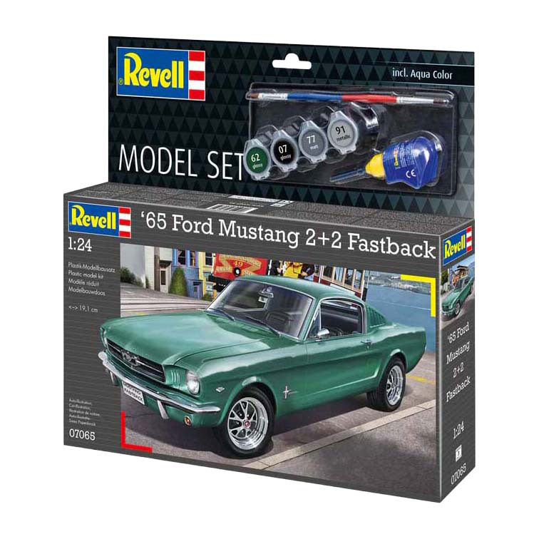 Revell modelsæt - 1965 Ford Mustang 2+2 fastback 1:24 - 82 stk. - inkl. grundlæggende malingsfarver
