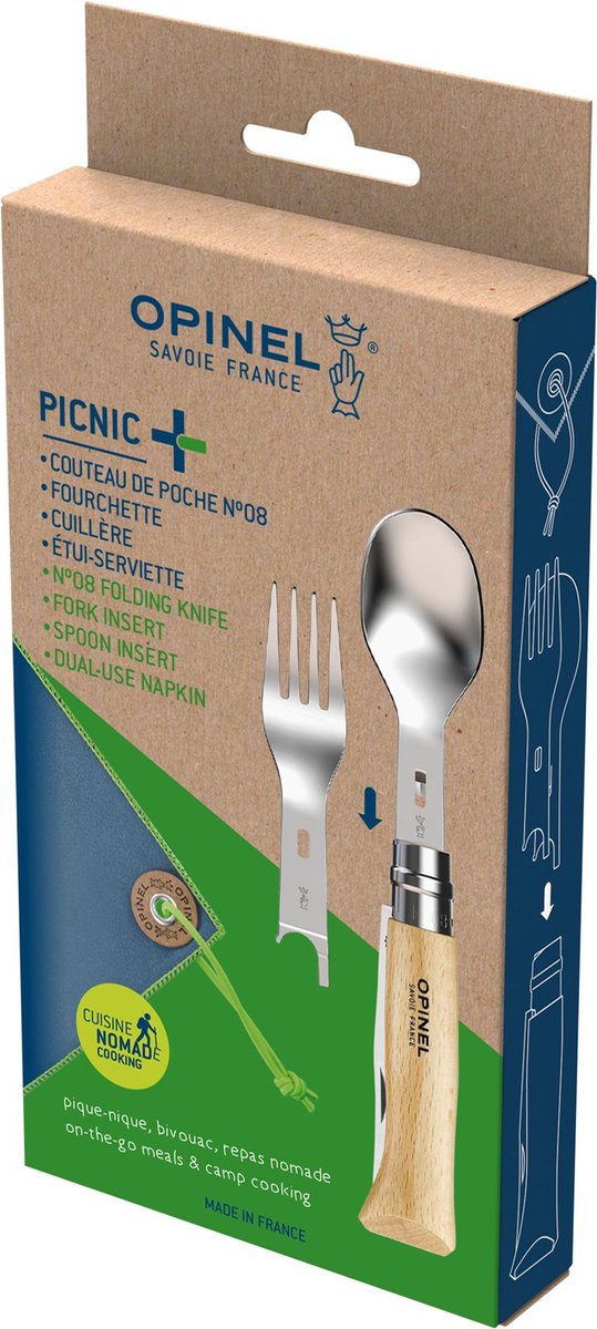 Opinel picnic plus rejsebestik - 4-delt - bøgetræ i rustfrit stål - lommekniv