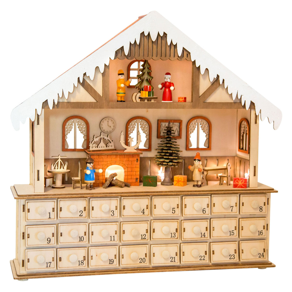 Lille fod - træ adventskalender stue med lys