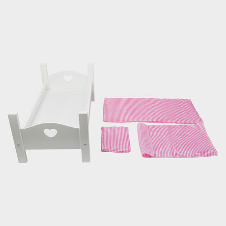 Lille fods dukkeseng i træ med sengetøj 50 cm hvid pink
