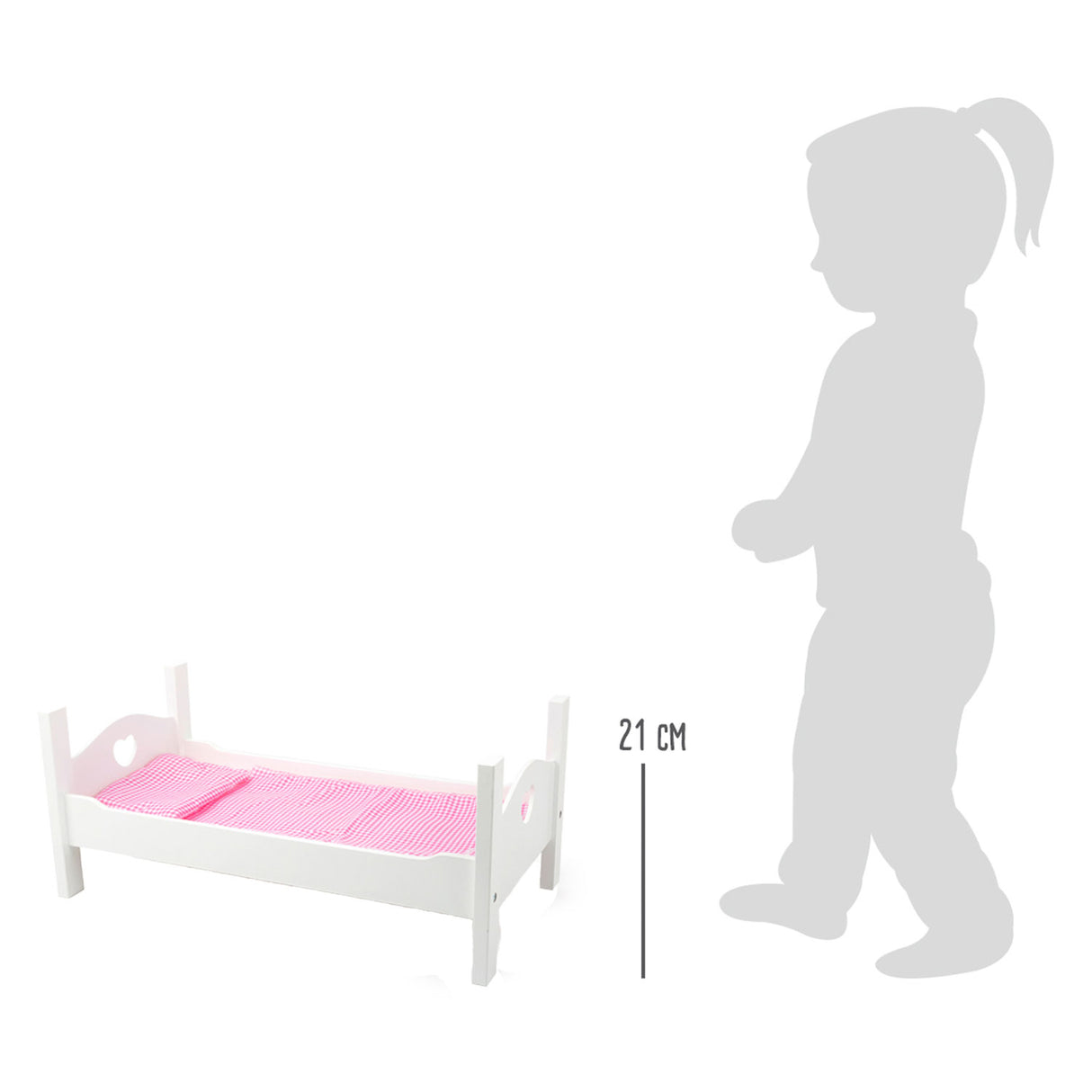 Lille fods dukkeseng i træ med sengetøj 50 cm hvid pink