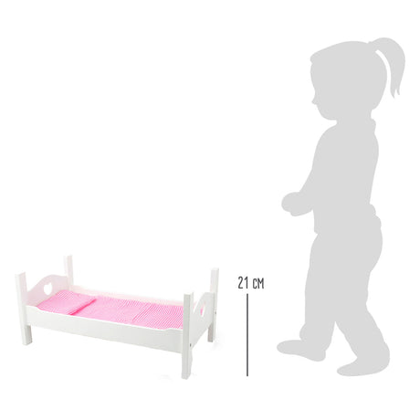 Lille fods dukkeseng i træ med sengetøj 50 cm hvid pink