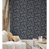 Hollandske Wallcoverings Dutch Wallcoverings Tapet Leafs Blå og guldfarvet