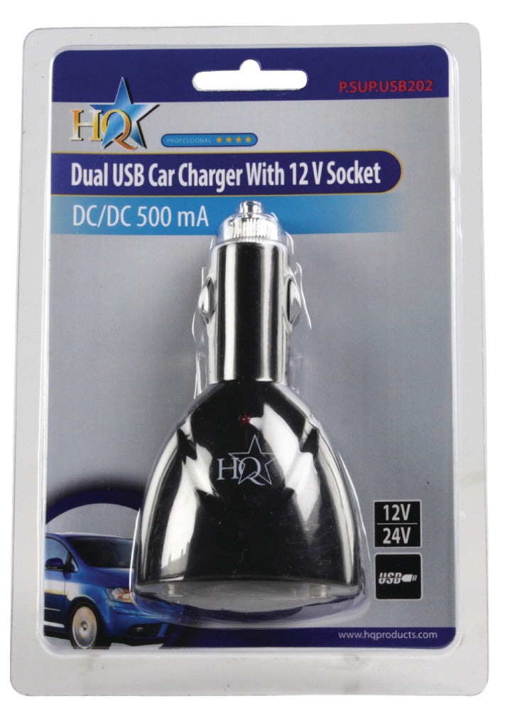 Hq p. sup. USB202 dobbelt USB biloplader med 12 V tilslutning
