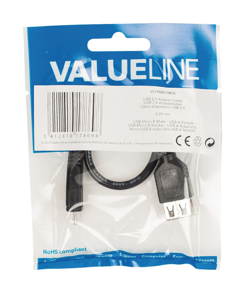 Valueline VLCP60570B02 USB 2.0 USB Micro B han - USB A hun adapterkabel 0,20 m sort
