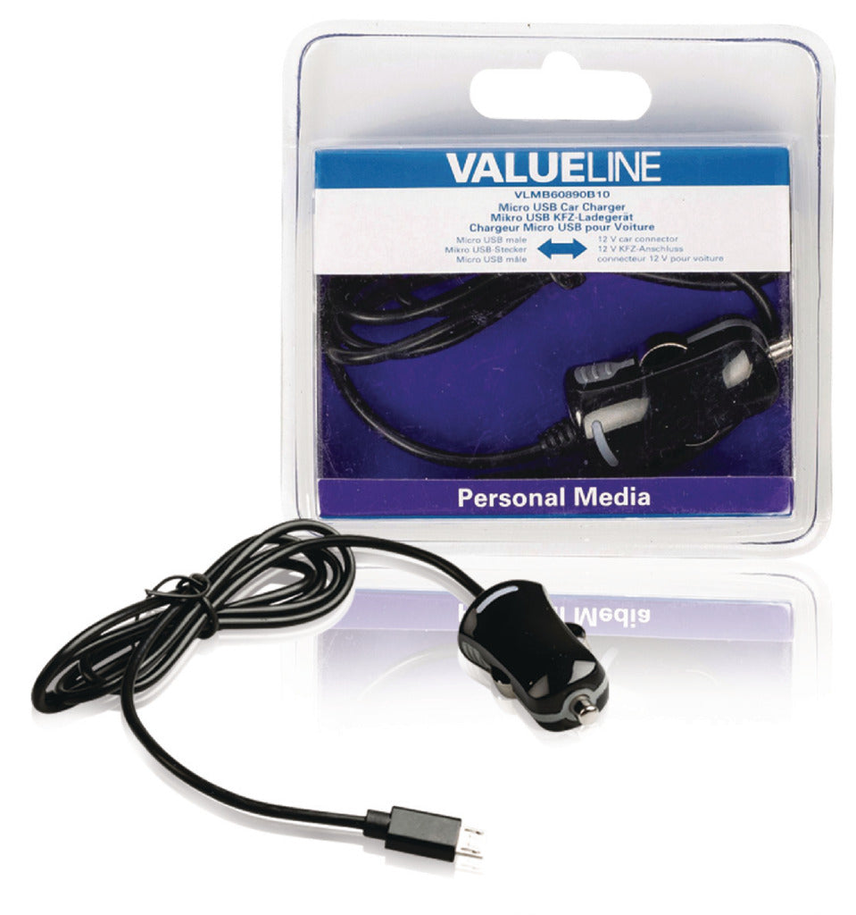 Valueline vlmb60890b10 micro usb biloplader micro usb han - 12v biltilslutning 1.00 m sort 2.1a