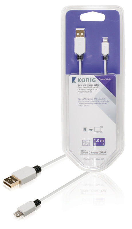 K ouml;nig knm39300w10 synkroniserings- og opladningskabel 8-benet lightning han - USB 2.0 a han 1,00 m hvid